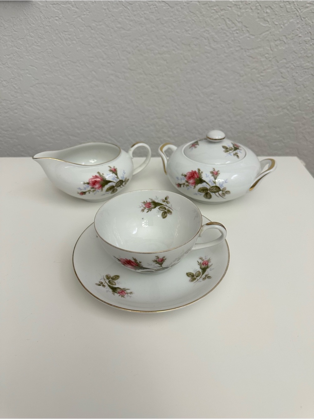 Vintage Sango Japan Moss Rose China Tea Cup, Saucer, Cream & Sugar Bowl-Gold Rim